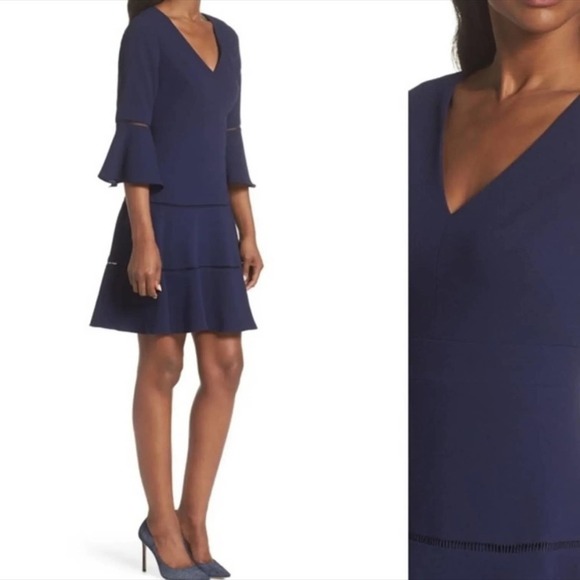 Eliza J 3/4 Bell Sleeve Fit & Flare Navy Dress w/Laddered Insets - Picture 13 of 13